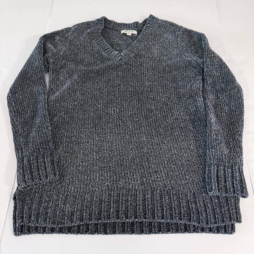 Orvis Womens Navy Blue White Chenille Marled V-Neck Sweater 1420674 Size M